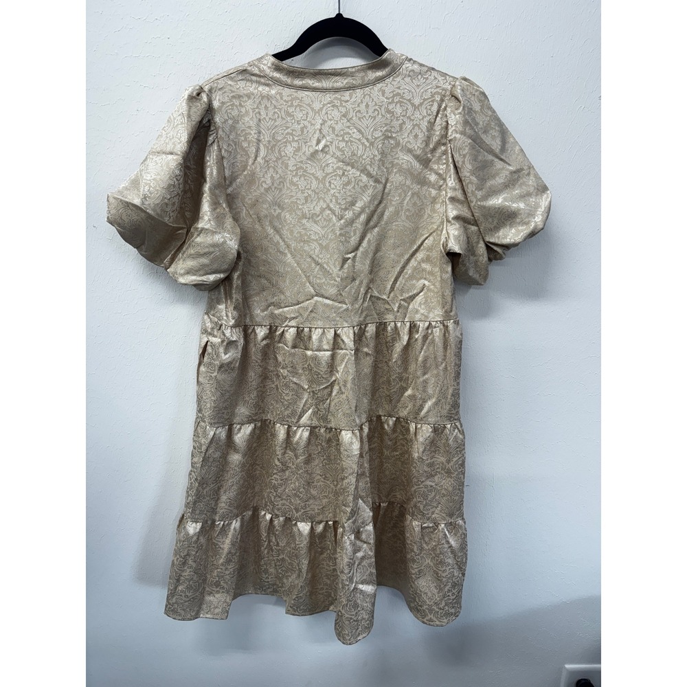 THML Champagne Damask Tiered Puff Sleeve Dress Pockets HOCO Wedding Guest S - Picture 13 of 16